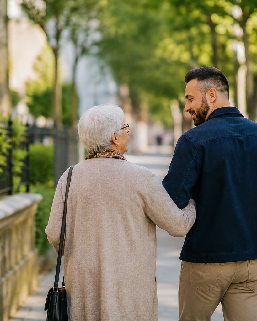 Persona anziana autonoma a passeggio insieme a un adulto di fiducia